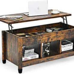 Table Basse Avec Plateau Relevable,3 Compartiments Ouverts Pour Rangement Meuble Polyvalents