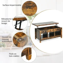 Table Basse Avec Plateau Relevable,3 Compartiments Ouverts Pour Rangement Meuble Polyvalents -Pas Cher Mobiliora Magasin table basse 18802879