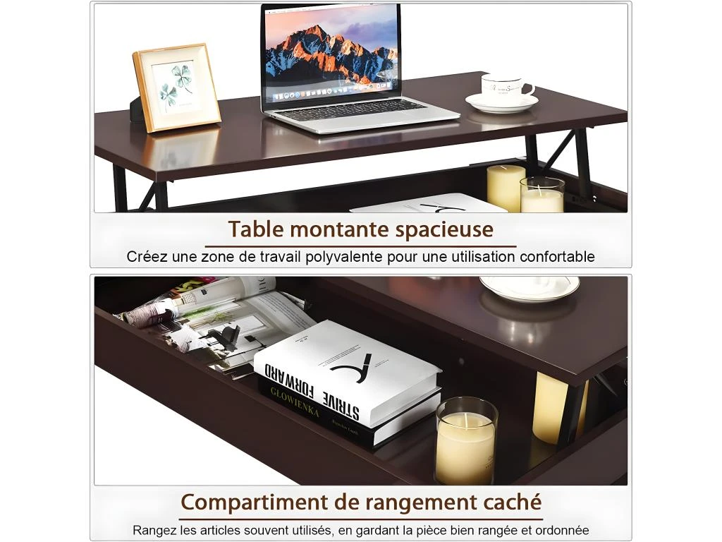 Table Basse Avec Compartiment De Rangement Caché, Table D’appoint 98 X 50 X 42-55 Cm 4 Table Basse Avec Compartiment De Rangement Caché, Table D’appoint 98 X 50 X 42-55 Cm – Image 2