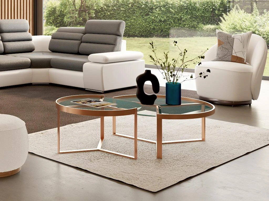 Tables Basses Gigognes En Verre Trempé Et Acier Inoxydable - Transparent Et Cuivré - BASERI 3 Tables Basses Gigognes En Verre Trempé Et Acier Inoxydable - Transparent Et Cuivré - BASERI