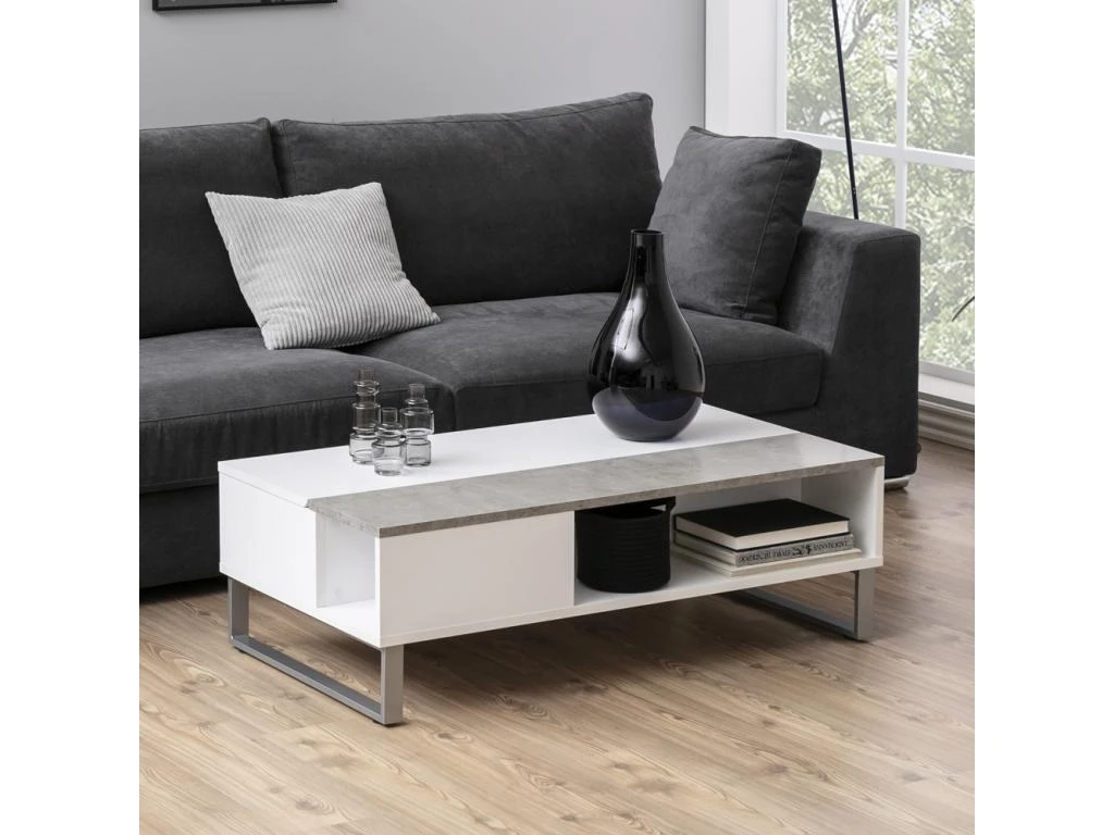 Table Basse - 110x60 Cm - Relevable - Blanc / Béton - KOSTRENA 3 Table Basse - 110x60 Cm - Relevable - Blanc / Béton - KOSTRENA