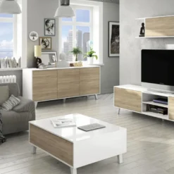 Table Basse Relevable Blanc Brillant/Chêne Clair - STOCKTON - L 100 X L 68 X H 41 Cm -Pas Cher Mobiliora Magasin table basse 19724119