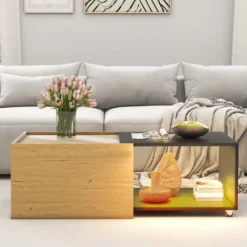 Table Basse Avec LED Et Plateau Extensible - Style Moderne - Naturel & Noir