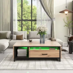 Table Basse Avec LED + 2 Compartiments + 1 Tiroir - Naturel