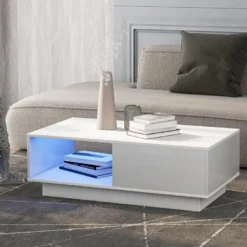 Table Basse Avec LED Et Tiroir Pour Salon - Style Contemporain - Blanc -Pas Cher Mobiliora Magasin table basse 21134481