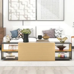 Table Basse Avec LED + Compartiments + Plateau Extensible - Style Moderne - Naturel & Noir