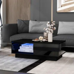 Table Basse Avec LED Et Tiroir Pour Salon - Style Contemporain - Noir
