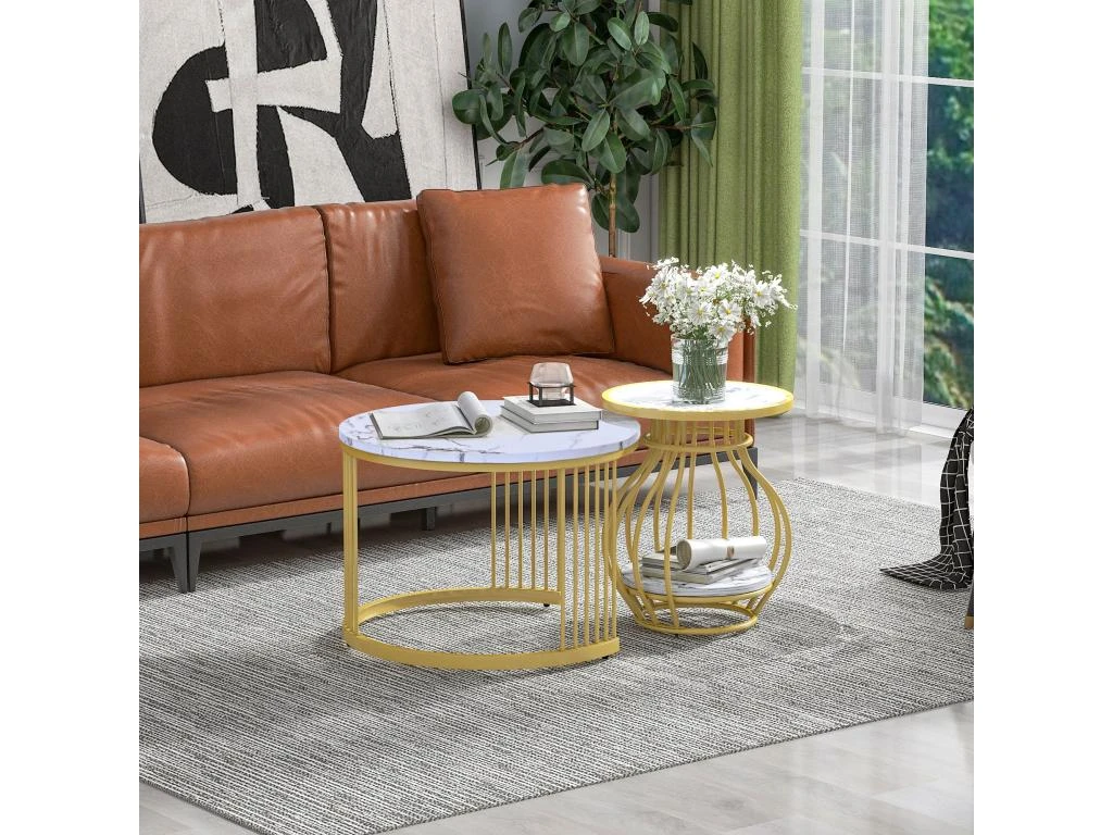 Lot De 2 Tables Gigognes Rondes - Effet Marbre - Structure En Métal - Style Scandinave - Blanc 3 Lot De 2 Tables Gigognes Rondes - Effet Marbre - Structure En Métal - Style Scandinave - Blanc