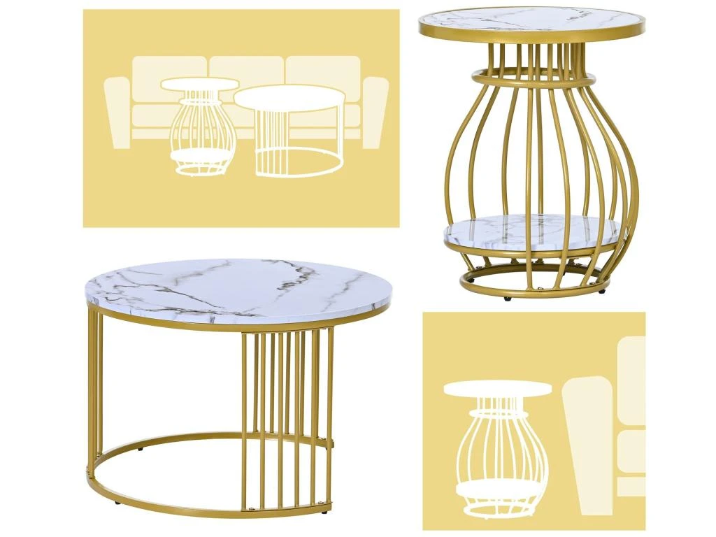 Lot De 2 Tables Gigognes Rondes - Effet Marbre - Structure En Métal - Style Scandinave - Blanc 4 Lot De 2 Tables Gigognes Rondes - Effet Marbre - Structure En Métal - Style Scandinave - Blanc – Image 2