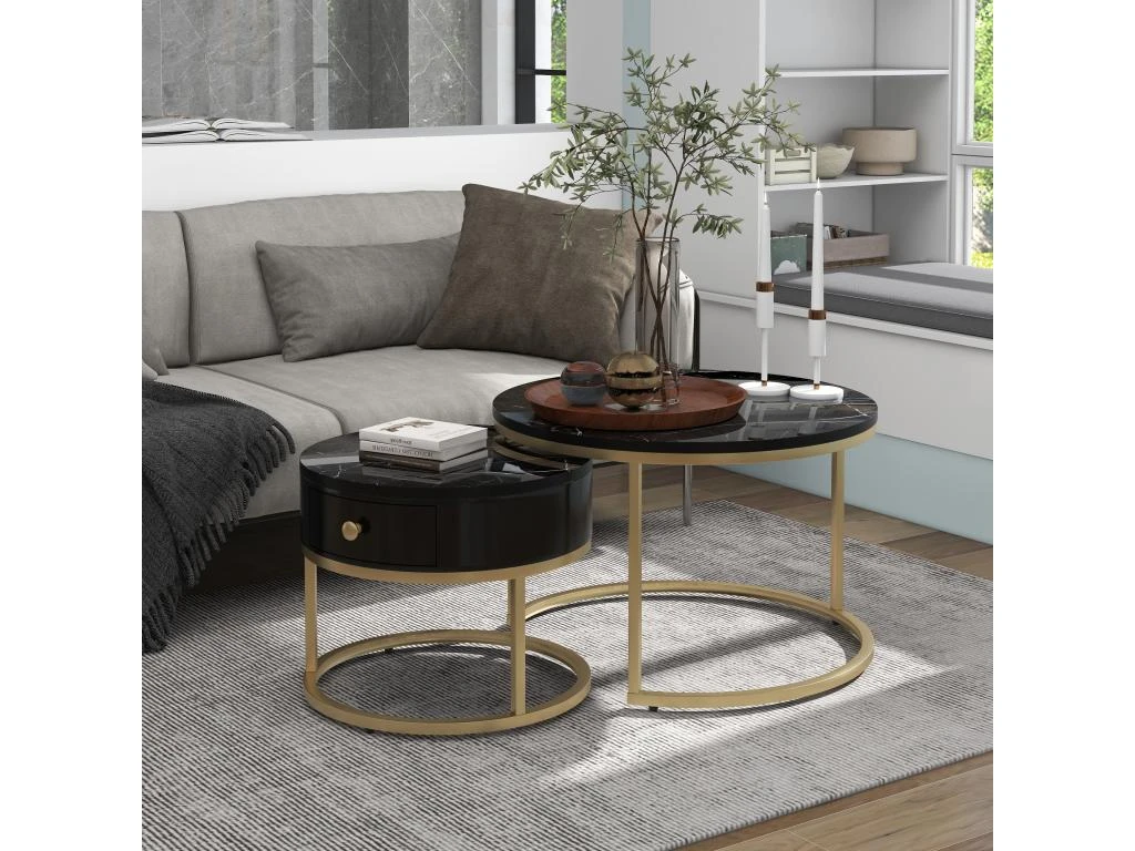 Table Basse Gigogne Avec Tiroir - Motif Marbre - Aspect Brillant - Noir 3 Table Basse Gigogne Avec Tiroir - Motif Marbre - Aspect Brillant - Noir