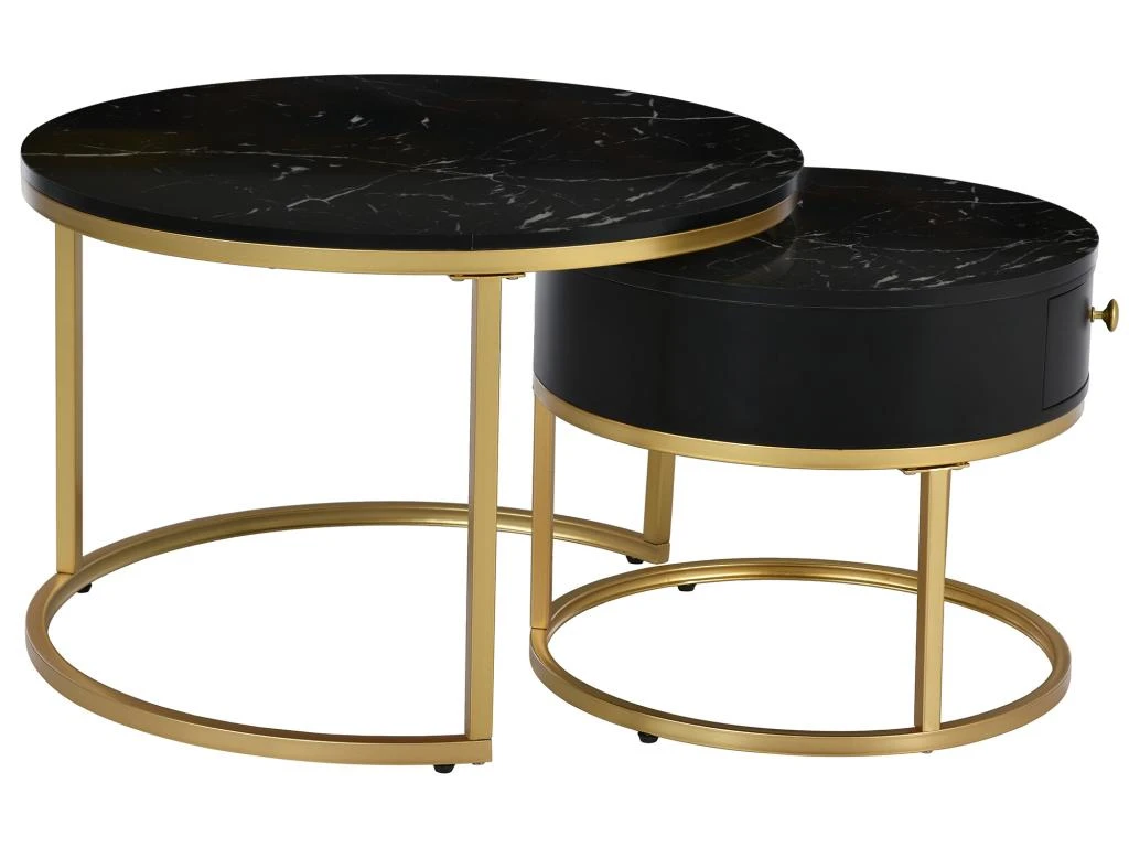 Table Basse Gigogne Avec Tiroir - Motif Marbre - Aspect Brillant - Noir 4 Table Basse Gigogne Avec Tiroir - Motif Marbre - Aspect Brillant - Noir – Image 2