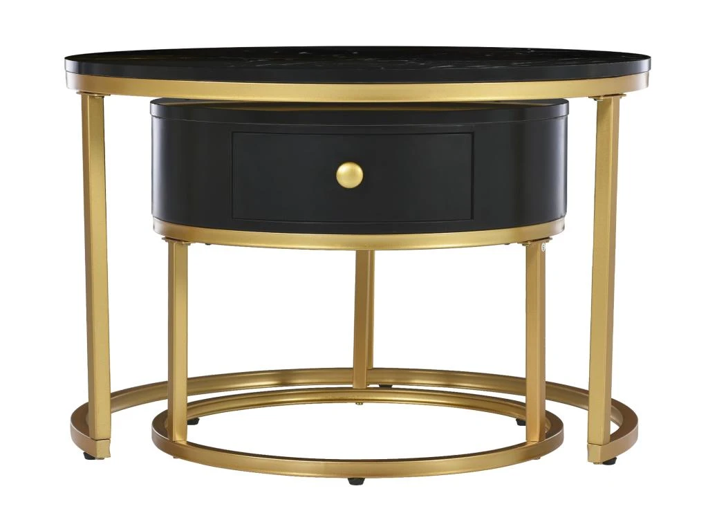 Table Basse Gigogne Avec Tiroir - Motif Marbre - Aspect Brillant - Noir 6 Table Basse Gigogne Avec Tiroir - Motif Marbre - Aspect Brillant - Noir – Image 4