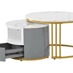Lot De 2 Tables Gigognes Avec 1 Tiroir - Cadre En Métal Doré - Motif Marbre - Blanc & Gris -Pas Cher Mobiliora Magasin table basse 21134613