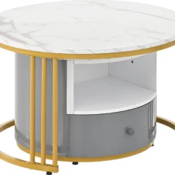 Lot De 2 Tables Gigognes Avec 1 Tiroir - Cadre En Métal Doré - Motif Marbre - Blanc & Gris -Pas Cher Mobiliora Magasin table basse 21134615