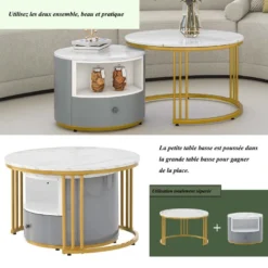 Lot De 2 Tables Gigognes Avec 1 Tiroir - Cadre En Métal Doré - Motif Marbre - Blanc & Gris -Pas Cher Mobiliora Magasin table basse 21134617