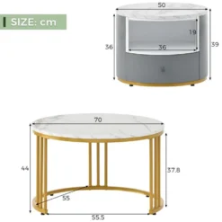 Lot De 2 Tables Gigognes Avec 1 Tiroir - Cadre En Métal Doré - Motif Marbre - Blanc & Gris -Pas Cher Mobiliora Magasin table basse 21134619