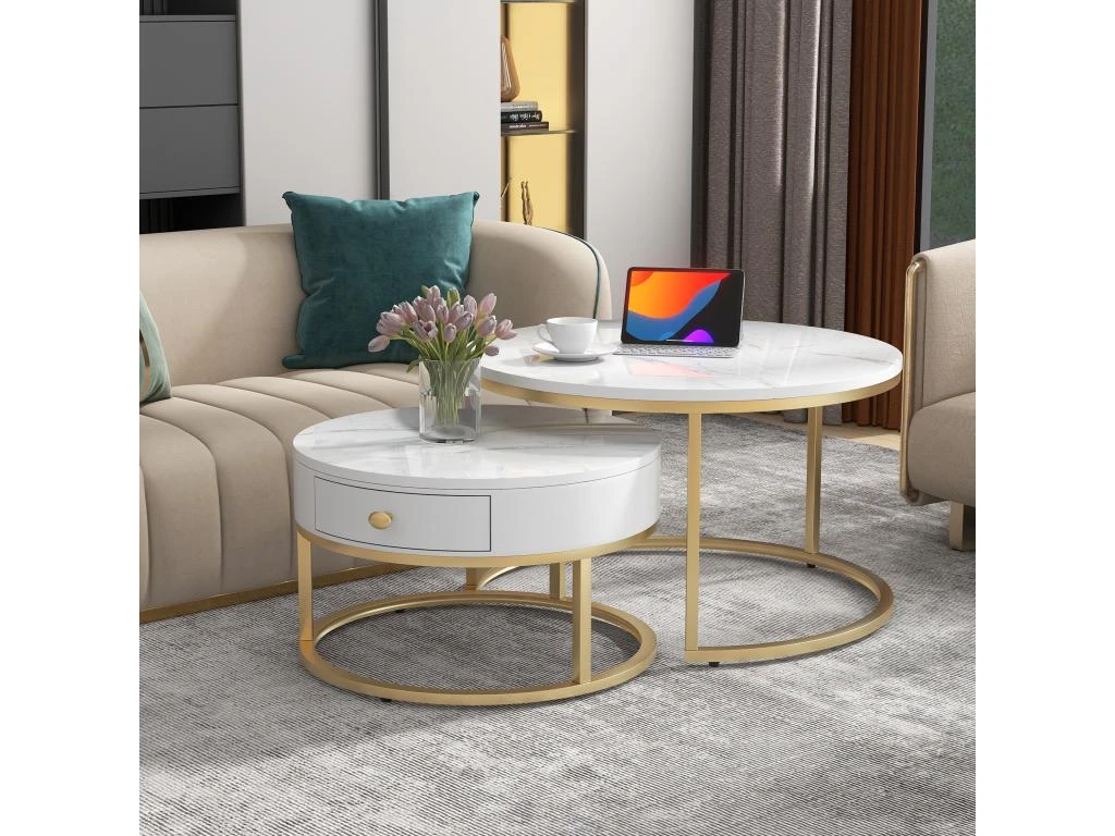 Table Basse Gigogne Avec Tiroir - Motif Marbre - Aspect Brillant - Blanc 3 Table Basse Gigogne Avec Tiroir - Motif Marbre - Aspect Brillant - Blanc