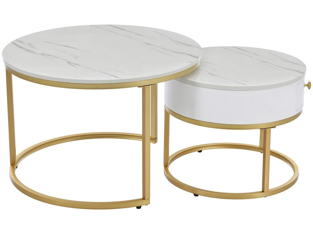 Table Basse Gigogne Avec Tiroir - Motif Marbre - Aspect Brillant - Blanc 4 Table Basse Gigogne Avec Tiroir - Motif Marbre - Aspect Brillant - Blanc – Image 2