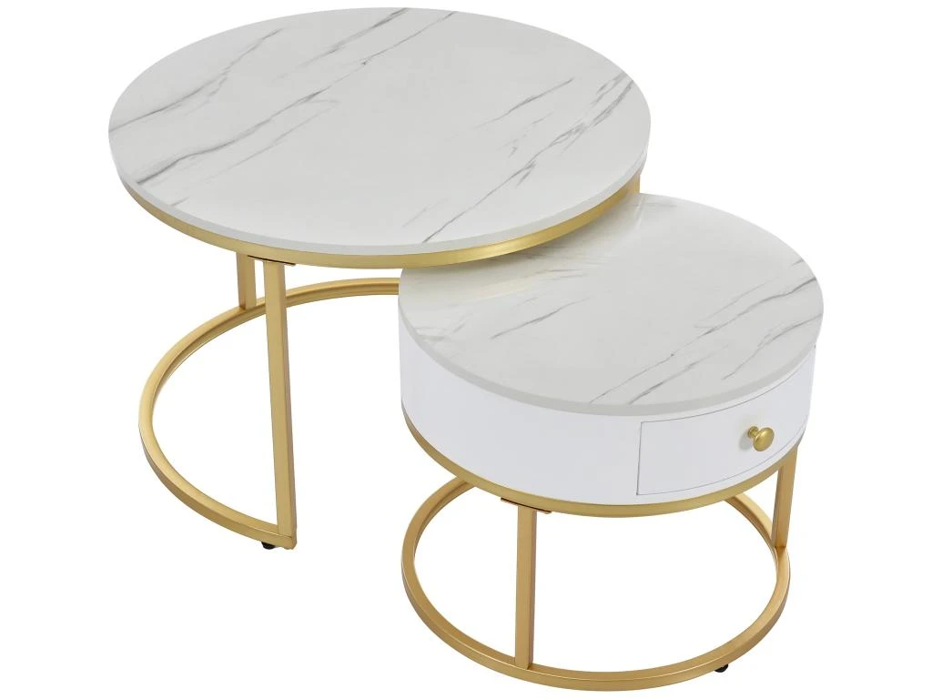 Table Basse Gigogne Avec Tiroir - Motif Marbre - Aspect Brillant - Blanc 5 Table Basse Gigogne Avec Tiroir - Motif Marbre - Aspect Brillant - Blanc – Image 3