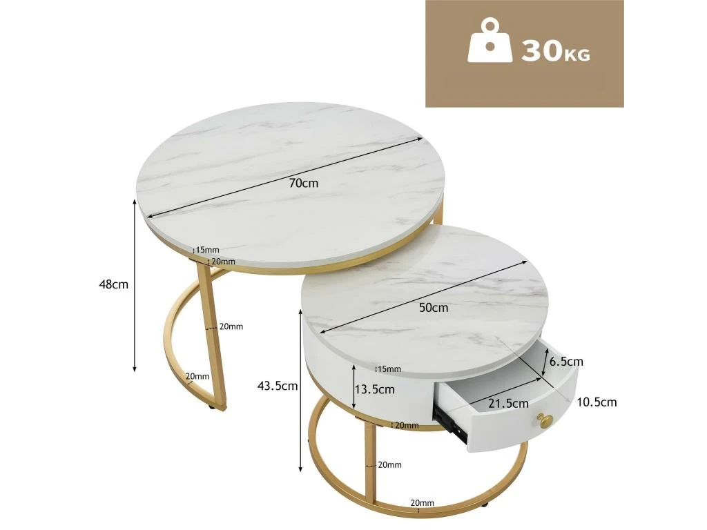 Table Basse Gigogne Avec Tiroir - Motif Marbre - Aspect Brillant - Blanc 7 Table Basse Gigogne Avec Tiroir - Motif Marbre - Aspect Brillant - Blanc – Image 5