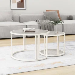 Lot De 2 Tables Gigognes - Plateau En Verre Ondulé à L'eau - Finition Blanc Laiteux -blanc -Pas Cher Mobiliora Magasin table basse 21134685