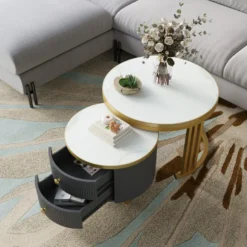 Lot De 2 Tables Basses Gigognes Avec 2 Tiroirs - Plateaux En Effet Marbre Et En Verre Trempé - Or & Gris -Pas Cher Mobiliora Magasin table basse 21134691