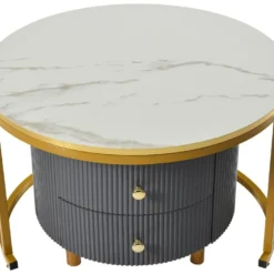 Lot De 2 Tables Basses Gigognes Avec 2 Tiroirs - Plateaux En Effet Marbre Et En Verre Trempé - Or & Gris -Pas Cher Mobiliora Magasin table basse 21134693