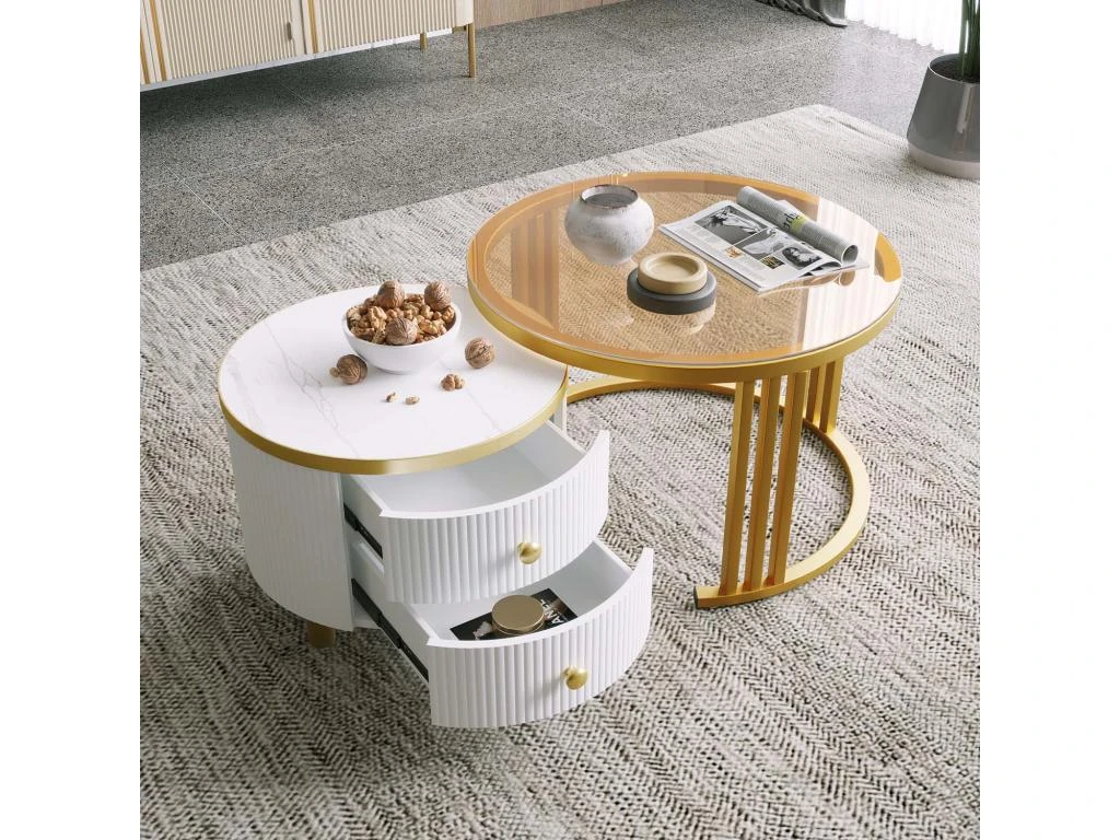 Lot De 2 Tables Basses Gigognes Avec 2 Tiroirs - Plateaux En Effet Marbre Et En Verre Trempé - Doré & Blanc 4 Lot De 2 Tables Basses Gigognes Avec 2 Tiroirs - Plateaux En Effet Marbre Et En Verre Trempé - Doré & Blanc – Image 2