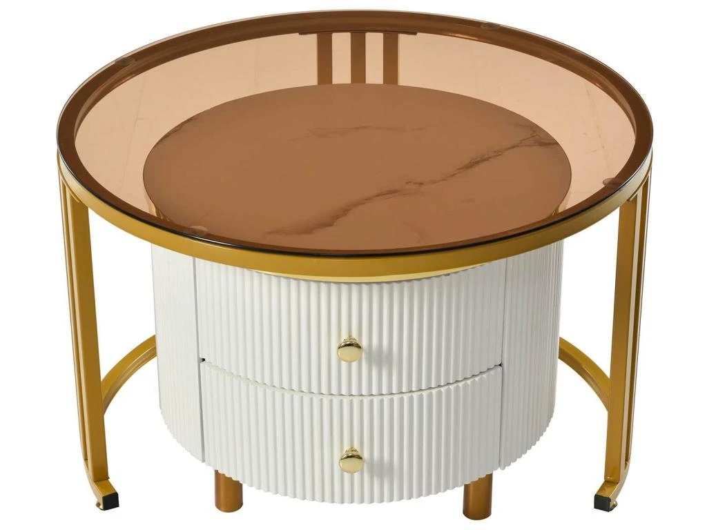 Lot De 2 Tables Basses Gigognes Avec 2 Tiroirs - Plateaux En Effet Marbre Et En Verre Trempé - Doré & Blanc 5 Lot De 2 Tables Basses Gigognes Avec 2 Tiroirs - Plateaux En Effet Marbre Et En Verre Trempé - Doré & Blanc – Image 3