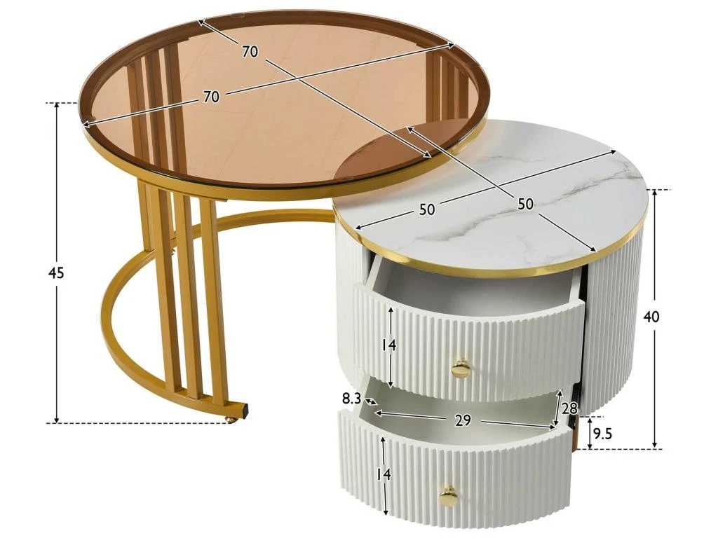 Lot De 2 Tables Basses Gigognes Avec 2 Tiroirs - Plateaux En Effet Marbre Et En Verre Trempé - Doré & Blanc 6 Lot De 2 Tables Basses Gigognes Avec 2 Tiroirs - Plateaux En Effet Marbre Et En Verre Trempé - Doré & Blanc – Image 4