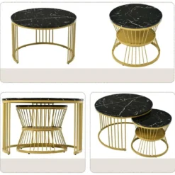 Lot De 2 Tables Gigognes - Bois Marbré Et Pieds En Métal - Noir -Pas Cher Mobiliora Magasin table basse 21134753