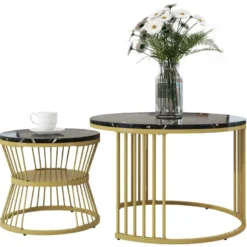 Lot De 2 Tables Gigognes - Bois Marbré Et Pieds En Métal - Noir -Pas Cher Mobiliora Magasin table basse 21134755