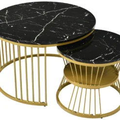 Lot De 2 Tables Gigognes - Bois Marbré Et Pieds En Métal - Noir -Pas Cher Mobiliora Magasin table basse 21134757