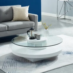 Table Basse RYHALI - Plateau Pivotant - Verre Trempé & MDF Blanc