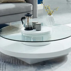 Table Basse RYHALI - Plateau Pivotant - Verre Trempé & MDF Blanc -Pas Cher Mobiliora Magasin table basse 21152453