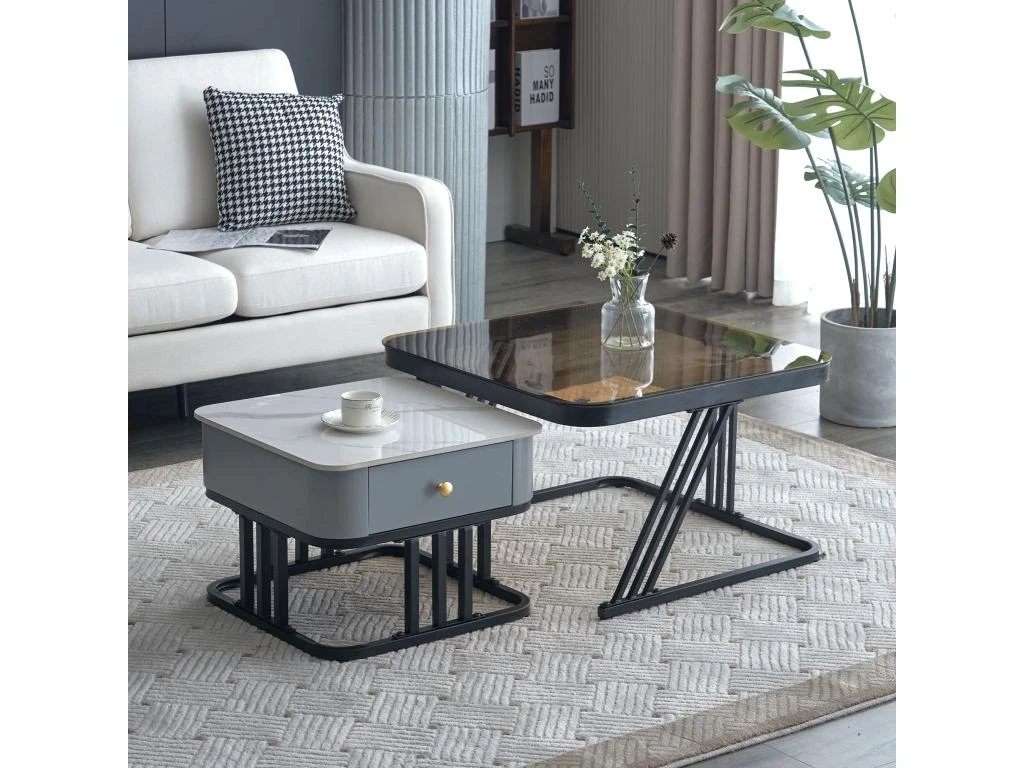Lot De 2 Tables Gigognes Avec Un Tiroir - Recouverte De Verre Et De Marbre - Gris 3 Lot De 2 Tables Gigognes Avec Un Tiroir - Recouverte De Verre Et De Marbre - Gris