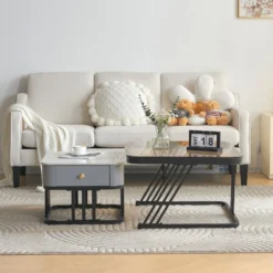 Lot De 2 Tables Gigognes Avec Un Tiroir - Recouverte De Verre Et De Marbre - Gris 13 Lot De 2 Tables Gigognes Avec Un Tiroir - Recouverte De Verre Et De Marbre - Gris -Pas Cher Mobiliora Magasin table basse 21860649