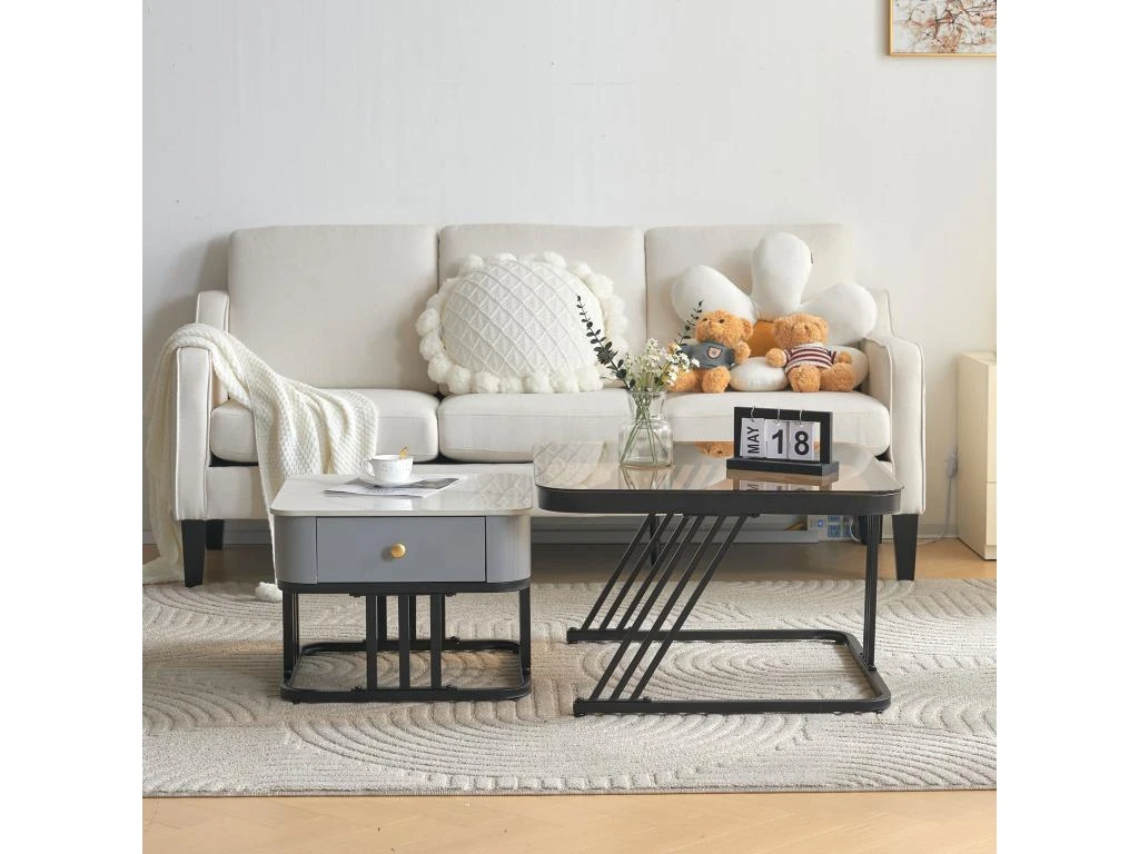 Lot De 2 Tables Gigognes Avec Un Tiroir - Recouverte De Verre Et De Marbre - Gris 4 Lot De 2 Tables Gigognes Avec Un Tiroir - Recouverte De Verre Et De Marbre - Gris – Image 2