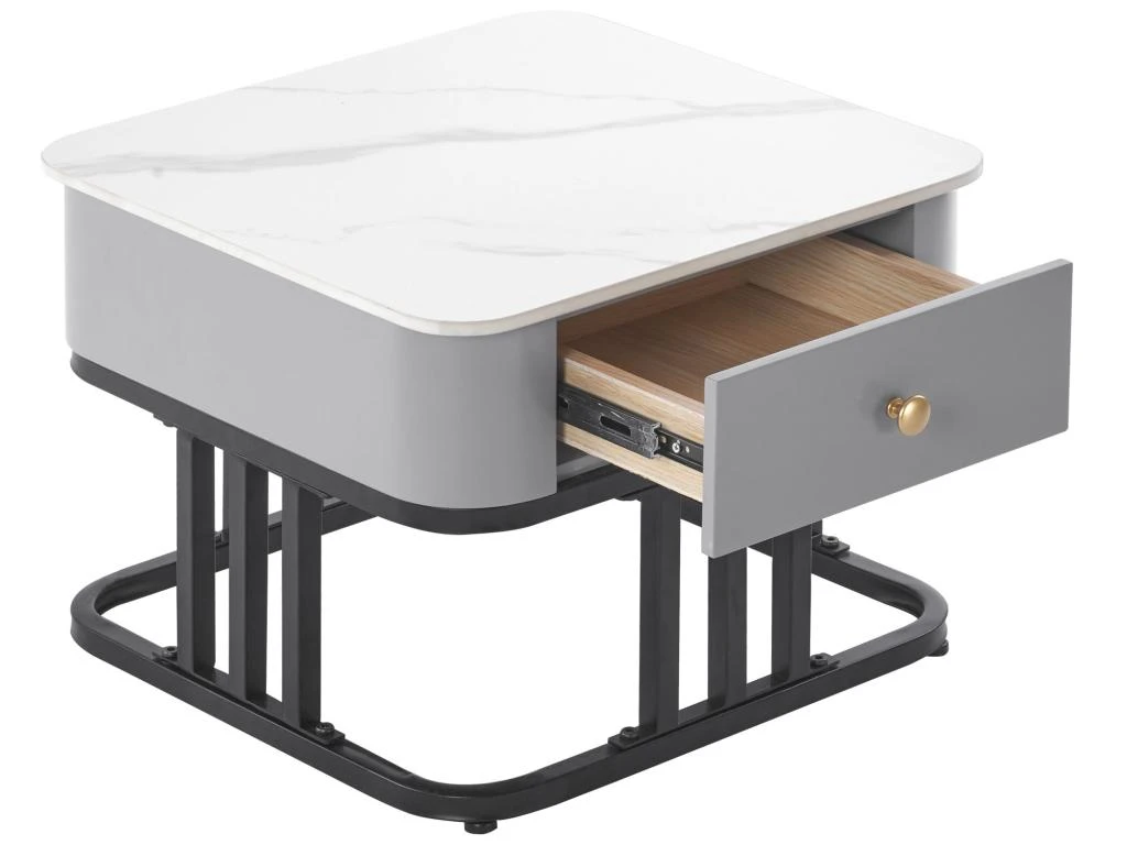Lot De 2 Tables Gigognes Avec Un Tiroir - Recouverte De Verre Et De Marbre - Gris 6 Lot De 2 Tables Gigognes Avec Un Tiroir - Recouverte De Verre Et De Marbre - Gris – Image 4