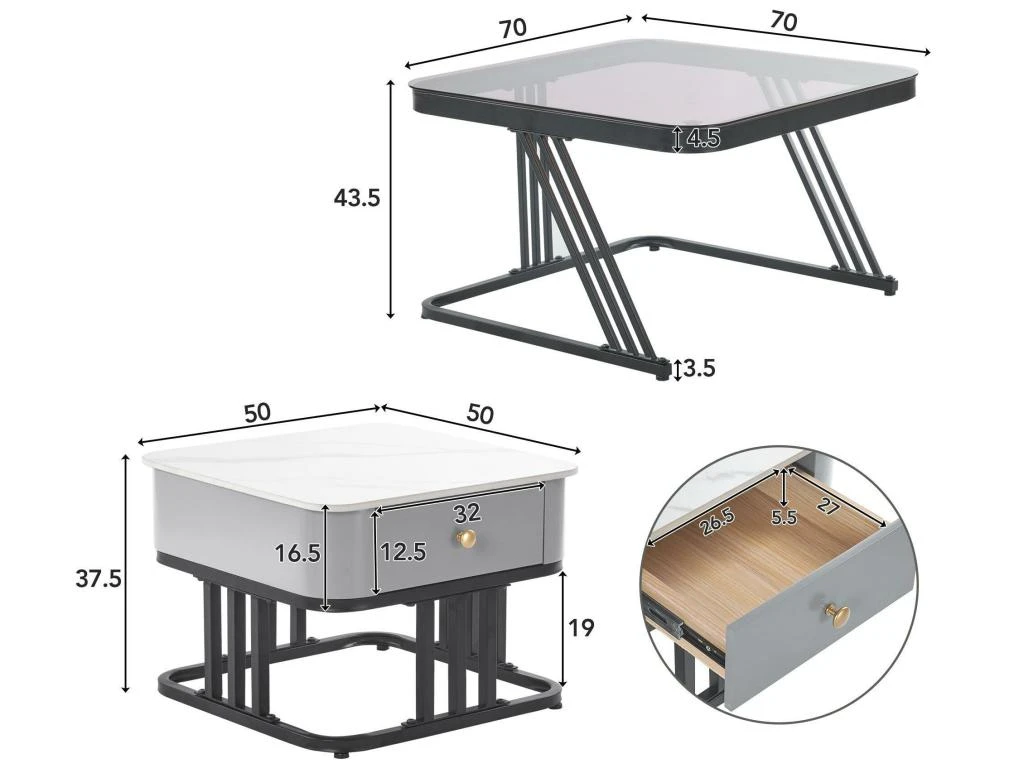 Lot De 2 Tables Gigognes Avec Un Tiroir - Recouverte De Verre Et De Marbre - Gris 7 Lot De 2 Tables Gigognes Avec Un Tiroir - Recouverte De Verre Et De Marbre - Gris – Image 5