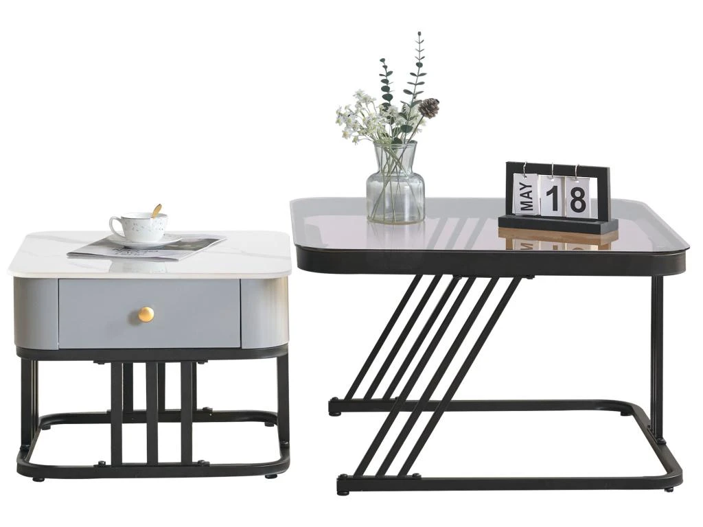 Lot De 2 Tables Gigognes Avec Un Tiroir - Recouverte De Verre Et De Marbre - Gris 8 Lot De 2 Tables Gigognes Avec Un Tiroir - Recouverte De Verre Et De Marbre - Gris – Image 6