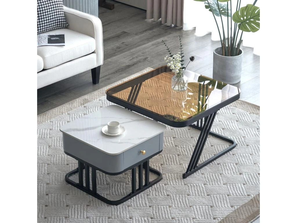 Lot De 2 Tables Gigognes Avec Un Tiroir - Recouverte De Verre Et De Marbre - Gris 12 Lot De 2 Tables Gigognes Avec Un Tiroir - Recouverte De Verre Et De Marbre - Gris – Image 10