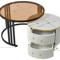 Lot De 2 Tables Basses Gigognes Avec 2 Tiroirs - Plateaux En Effet Marbre Et En Verre Trempé - Noir & Blanc -Pas Cher Mobiliora Magasin table basse 22048591