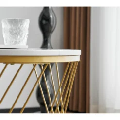 Lot De 2 Tables Gigognes - Texture Marbre - Tiroirs En Rotin - Cadre Doré - Blanc -Pas Cher Mobiliora Magasin table basse 22125949