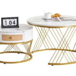 Lot De 2 Tables Gigognes - Texture Marbre - Tiroirs En Rotin - Cadre Doré - Blanc -Pas Cher Mobiliora Magasin table basse 22125951