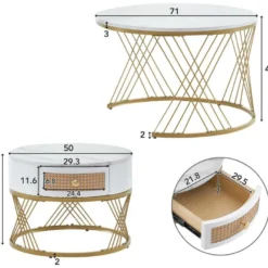 Lot De 2 Tables Gigognes - Texture Marbre - Tiroirs En Rotin - Cadre Doré - Blanc -Pas Cher Mobiliora Magasin table basse 22125953