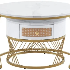 Lot De 2 Tables Gigognes - Texture Marbre - Tiroirs En Rotin - Cadre Doré - Blanc -Pas Cher Mobiliora Magasin table basse 22125957