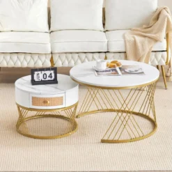 Lot De 2 Tables Gigognes - Texture Marbre - Tiroirs En Rotin - Cadre Doré - Blanc -Pas Cher Mobiliora Magasin table basse 22125959