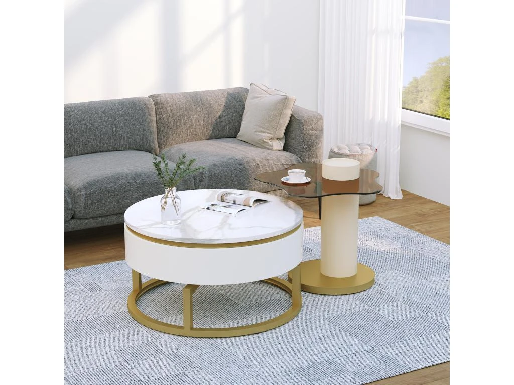 Lot De 2 Tables Gigognes - Aspect Marbre - Rotative à 360° - Blanc Brillant 3 Lot De 2 Tables Gigognes - Aspect Marbre - Rotative à 360° - Blanc Brillant