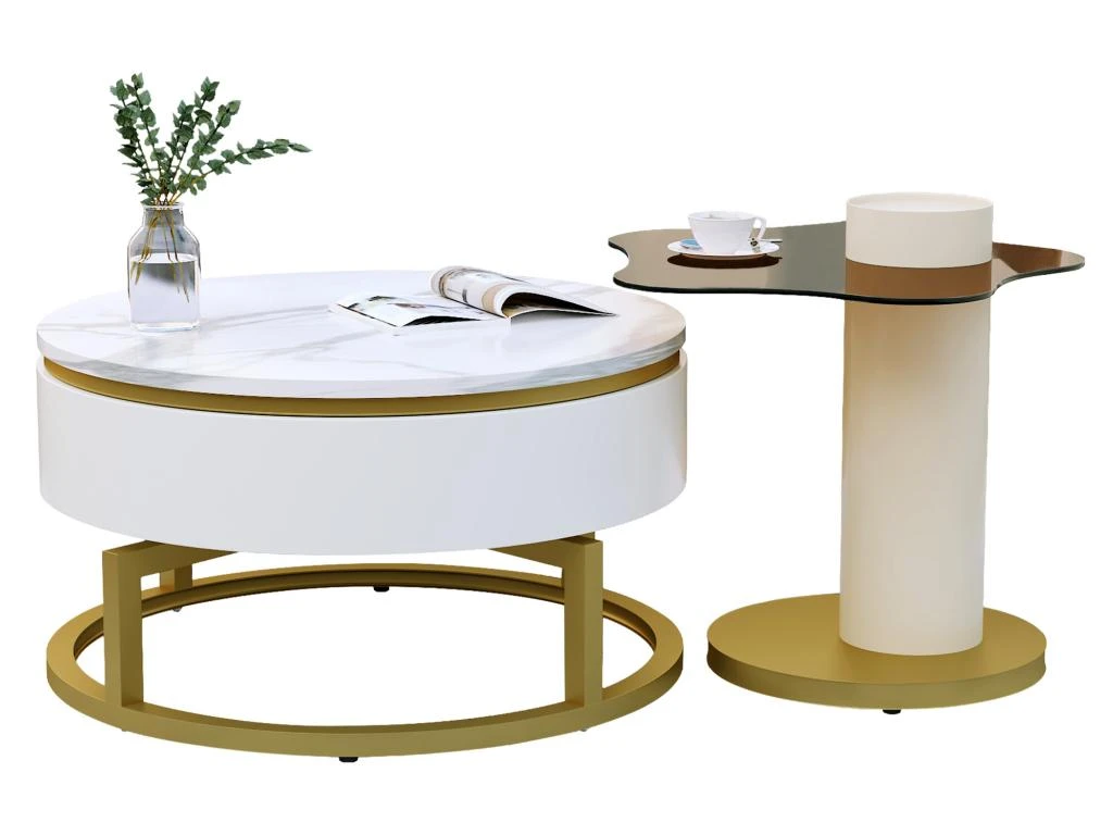 Lot De 2 Tables Gigognes - Aspect Marbre - Rotative à 360° - Blanc Brillant 4 Lot De 2 Tables Gigognes - Aspect Marbre - Rotative à 360° - Blanc Brillant – Image 2